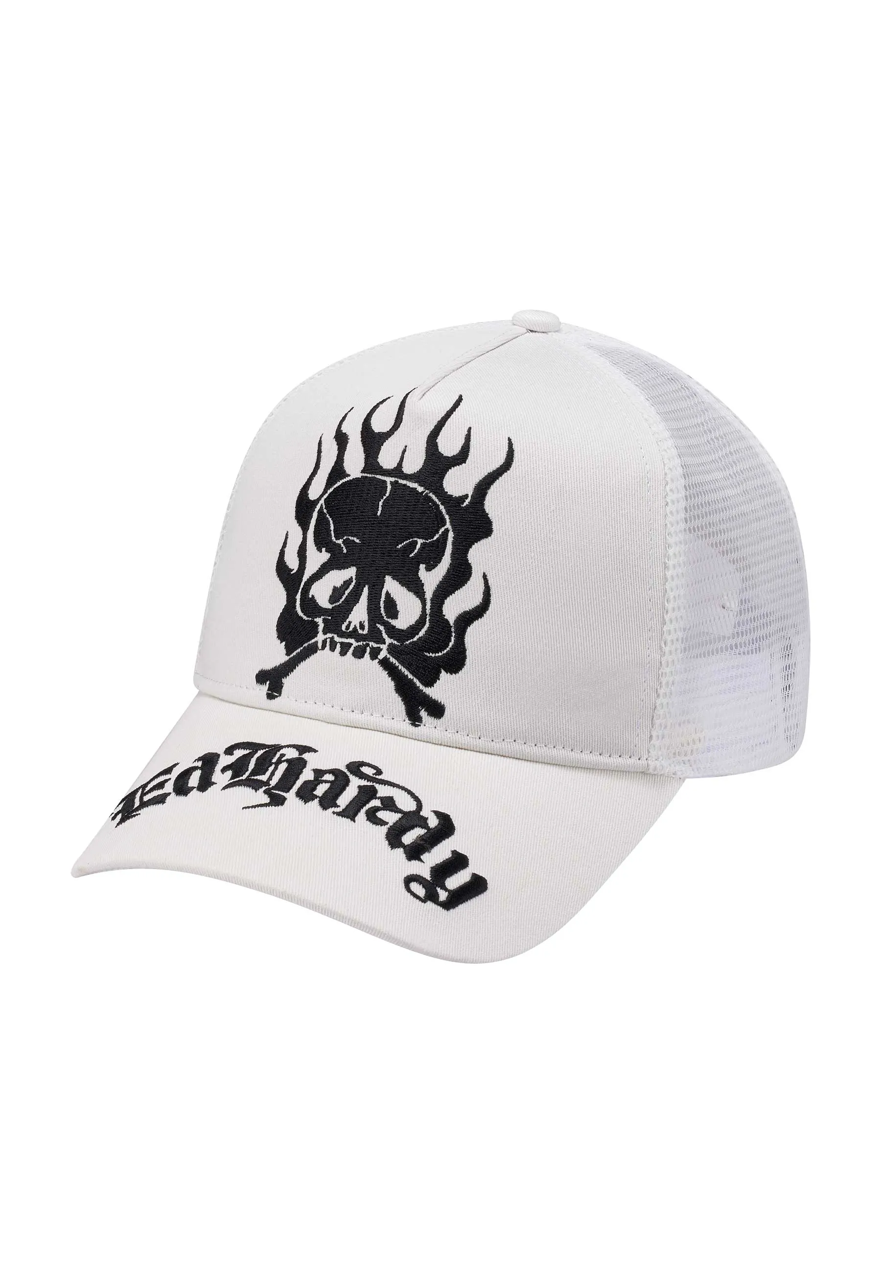 Unisex Gothic Skull In Flames Twill Front Mesh Trucker - White/White