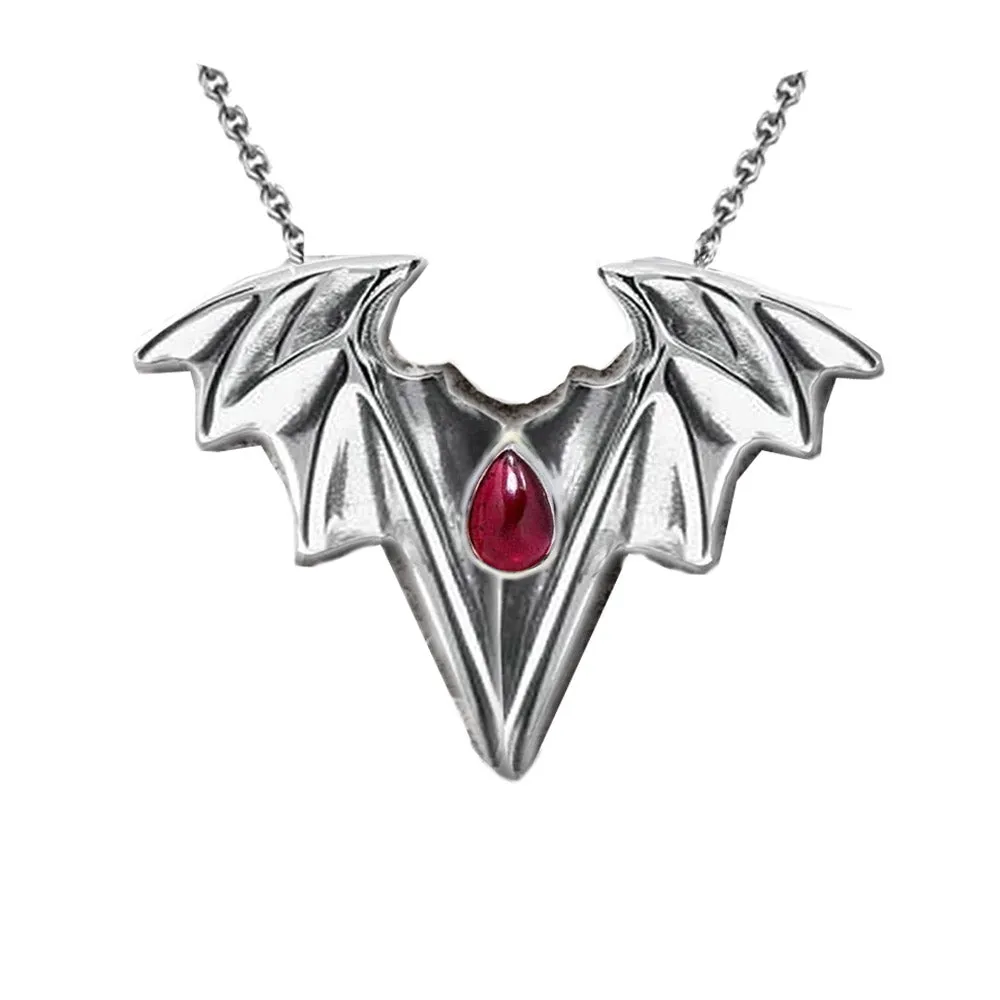 Vampire Bat Gothic Necklace with Teardrop, Solid Silver Handmade Bat Pendant - Bat Jewellery