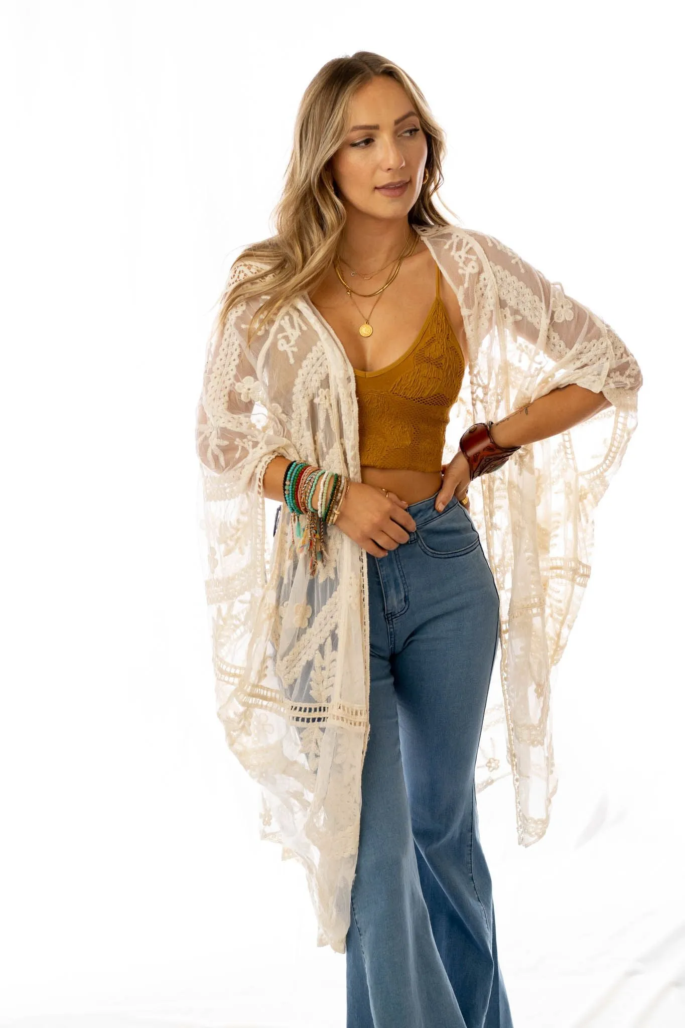 Whimsy   Lace Kimono - Natural